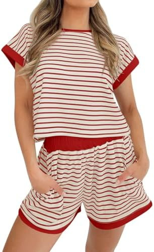 Tankaneo Womens Summer 2 Piece Sets Striped Short Sleeve T Shirts and Shorts Loungewear Matching ... | Amazon (US)