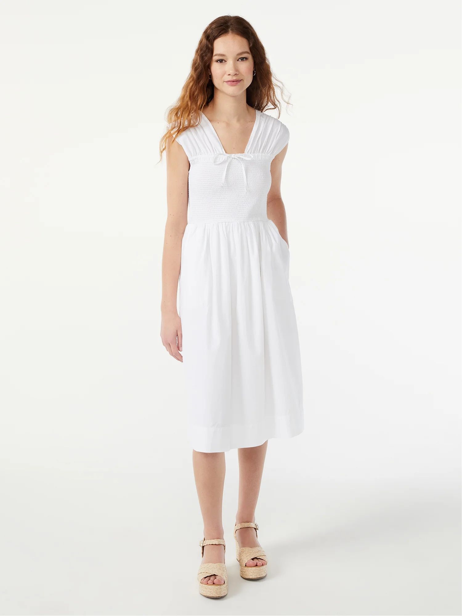 Free Assembly Women's Smocked Midi Dress with Cap Sleeves - Walmart.com | Walmart (US)