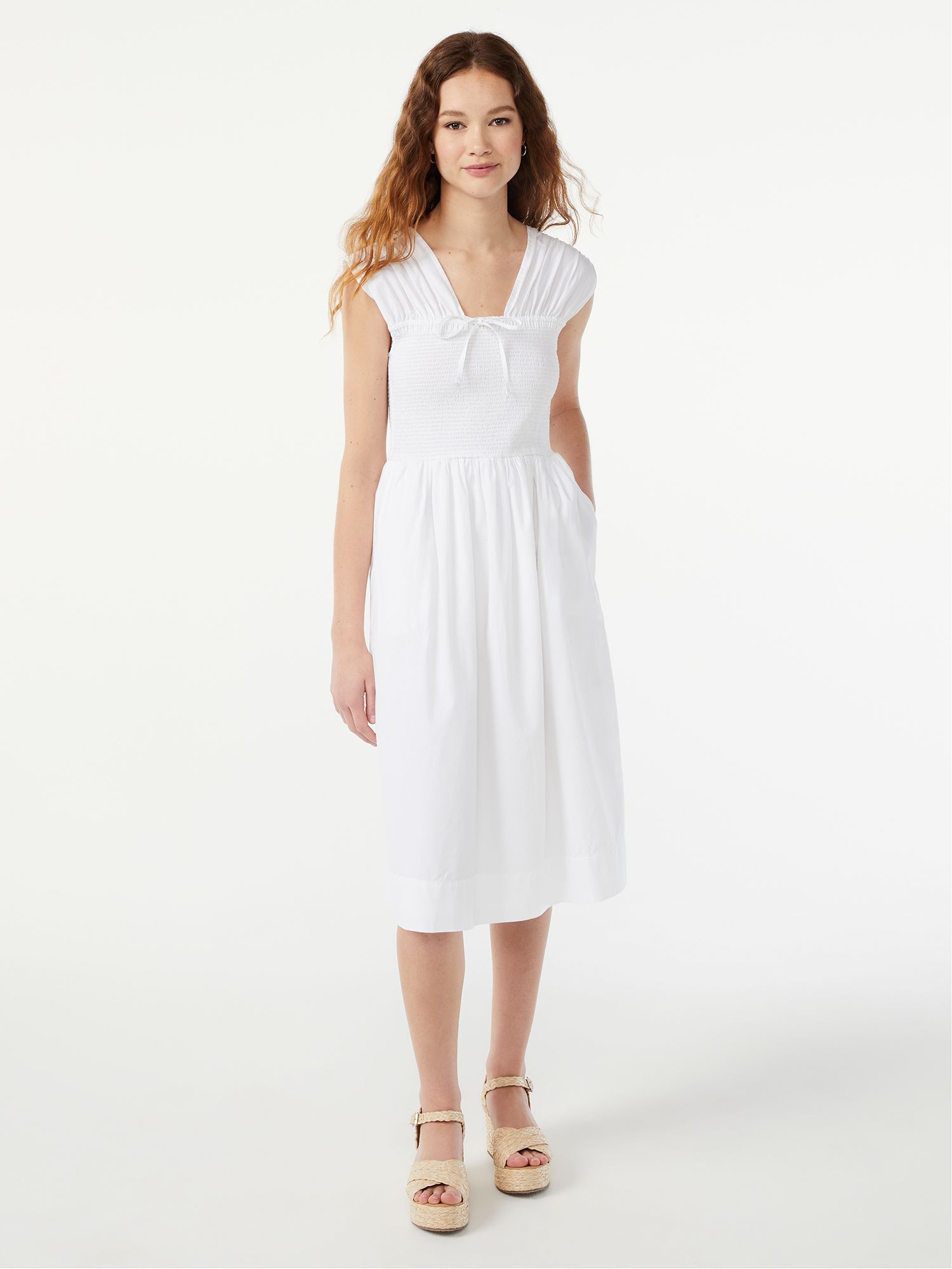 Free Assembly Women's Smocked Midi Dress with Cap Sleeves - Walmart.com | Walmart (US)