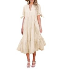 Theenkoln Womens Casual Midi Dress: Short Sleeve V-Neck Empire Waist Gingham Spring Fashion Long ... | Amazon (US)