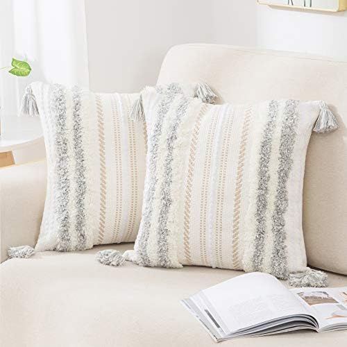 decorUhome Set of 2 Boho Decorative Throw Pillow Covers for Bed Bedroom Neutral Accent Cushion Cover | Amazon (US)