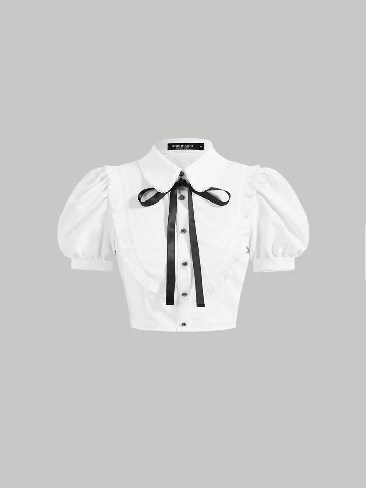 SHEIN MOD Bow Front Ruffle Trim Puff Sleeve Crop Shirt | SHEIN