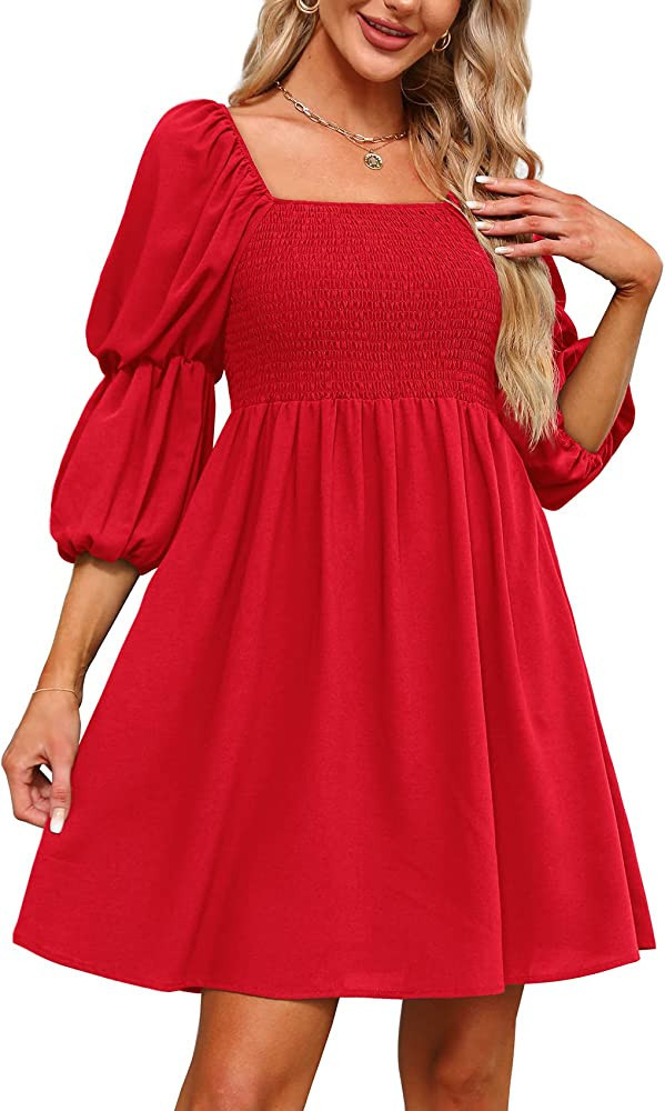 OFEEFAN Womens Dresses Square Neck Red Cocktail Dress Summer Spring Event Dress Special Event Dress | Amazon (US)