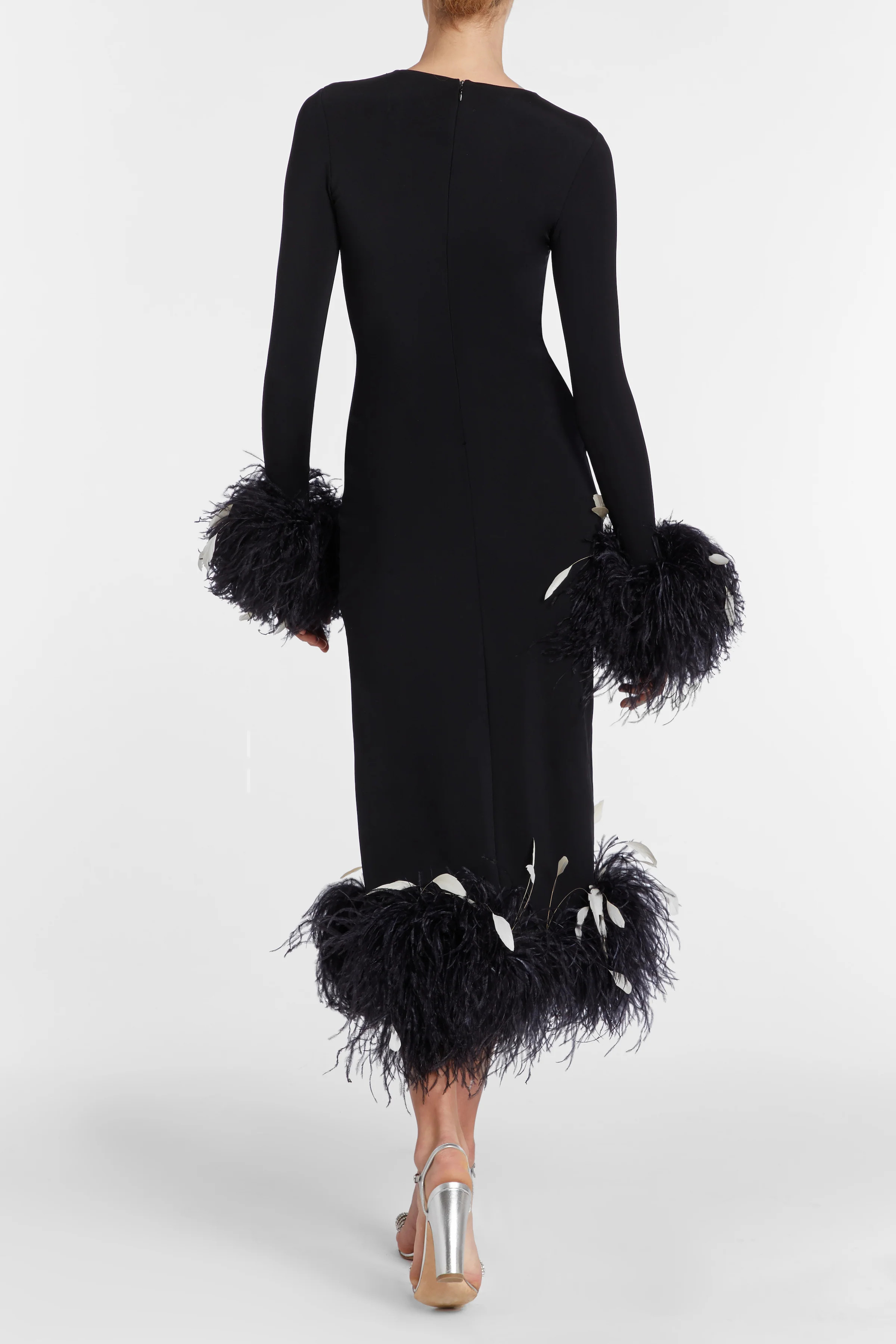 Aretha Black Long Sleeve Midi Dress with Feather Trim | Markarian