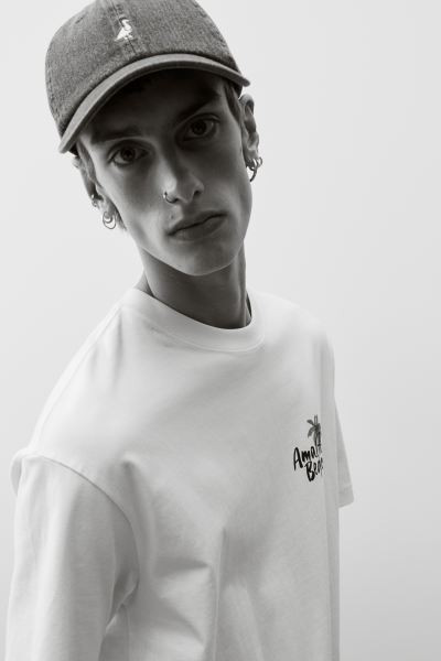 Loose Fit Printed T-shirt - Round Neck - Short sleeve - White/Amalfi - Men | H&M US | H&M (US + CA)