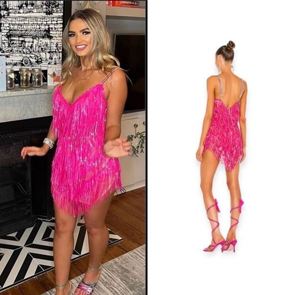 NWT BRONX & BANCO Revolve Barbie Neon Pink Sequin Fringe Mini Dress Size 8 | Poshmark
