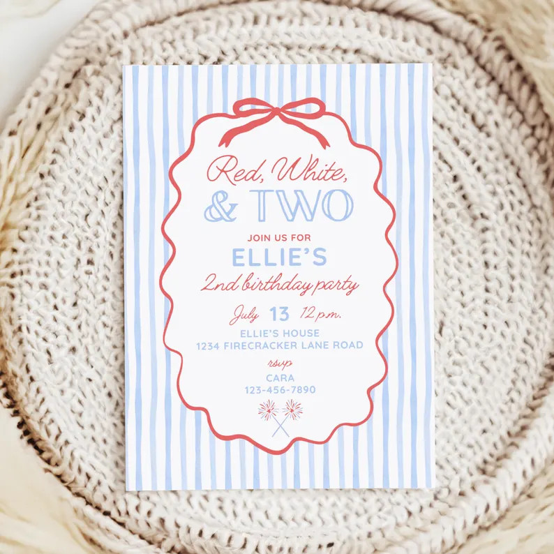 Red White and Two Invitation for Girl 2nd Birthday, Cute 2nd Birthday Theme for Summer Birthday, ... | Etsy (Global)