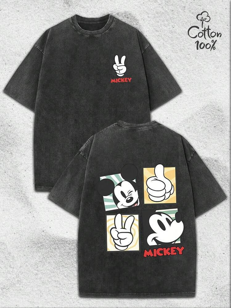 Disney Mickey Mouse Retro Hand Gesture Double-Sided Graphic Vintage Washed Oversized T-Shirt, Cla... | SHEIN