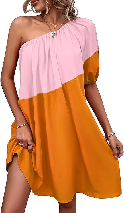 KIRUNDO Summer Dresses for Women 2024 Puff Sleeve One Shoulder Color Block Loose Fit Swing Short ... | Amazon (US)