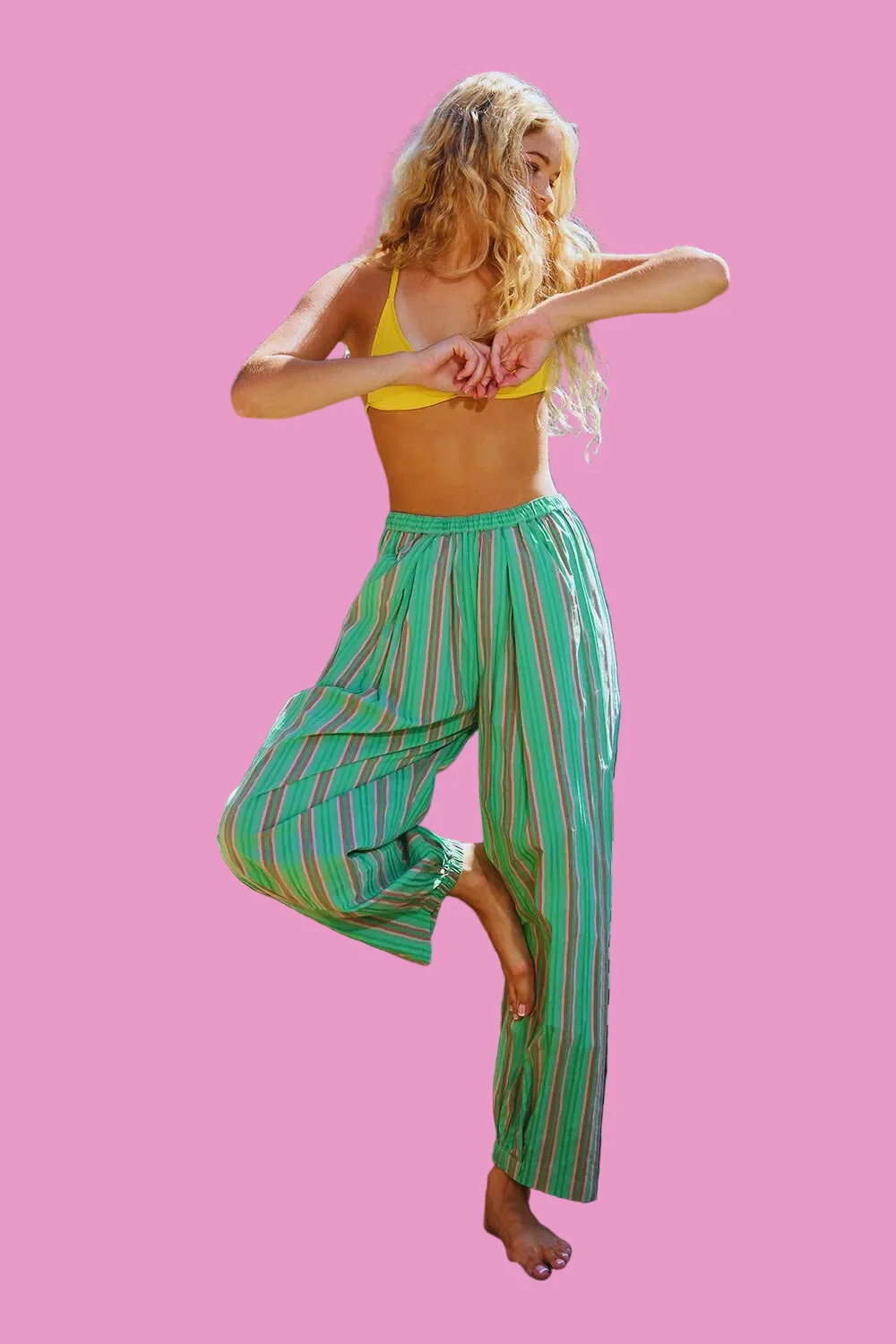 Green Striped Print Parachute Pants | Teggy French