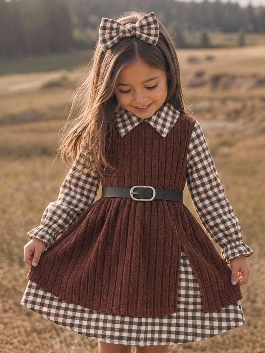 SHEIN Young Girl Plaid 2 In 1 Patchwork Casual Summer Dress Autumn Kids | SHEIN