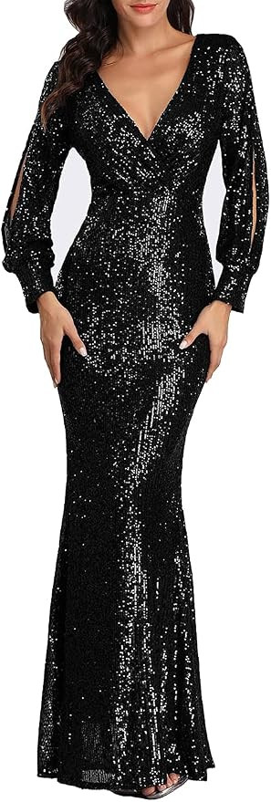 A ARFAR Women Sequin Evening Dress Long Sleeve Dress Sexy V-Neck Dress Formal Party Dress Split S... | Amazon (US)