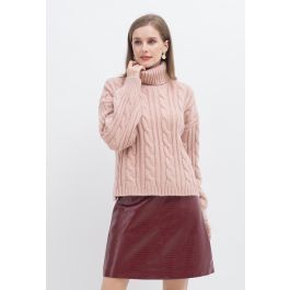 Turtleneck Cable Knit Crop Sweater in Pink | Chicwish