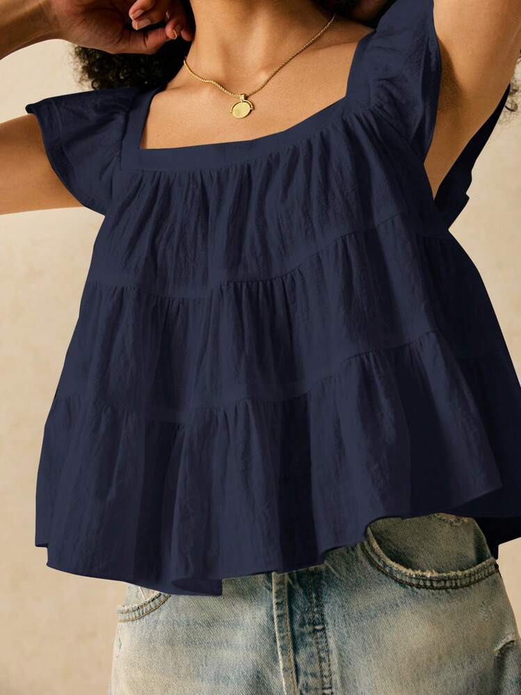 SHEIN Frenchy Square Neck Navy Blue Women's Blouse With Flared Hem And Woven Fabric Summer | SHEIN