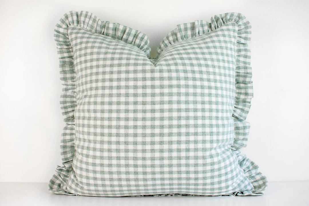Hmong Organic Woven Pillow Ruffle Edge Gingham Sage and - Etsy | Etsy (US)