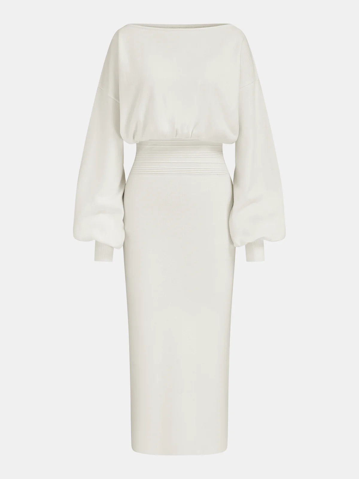 Waist-Defined Balloon-Sleeve Knit Midi Dress | Commense