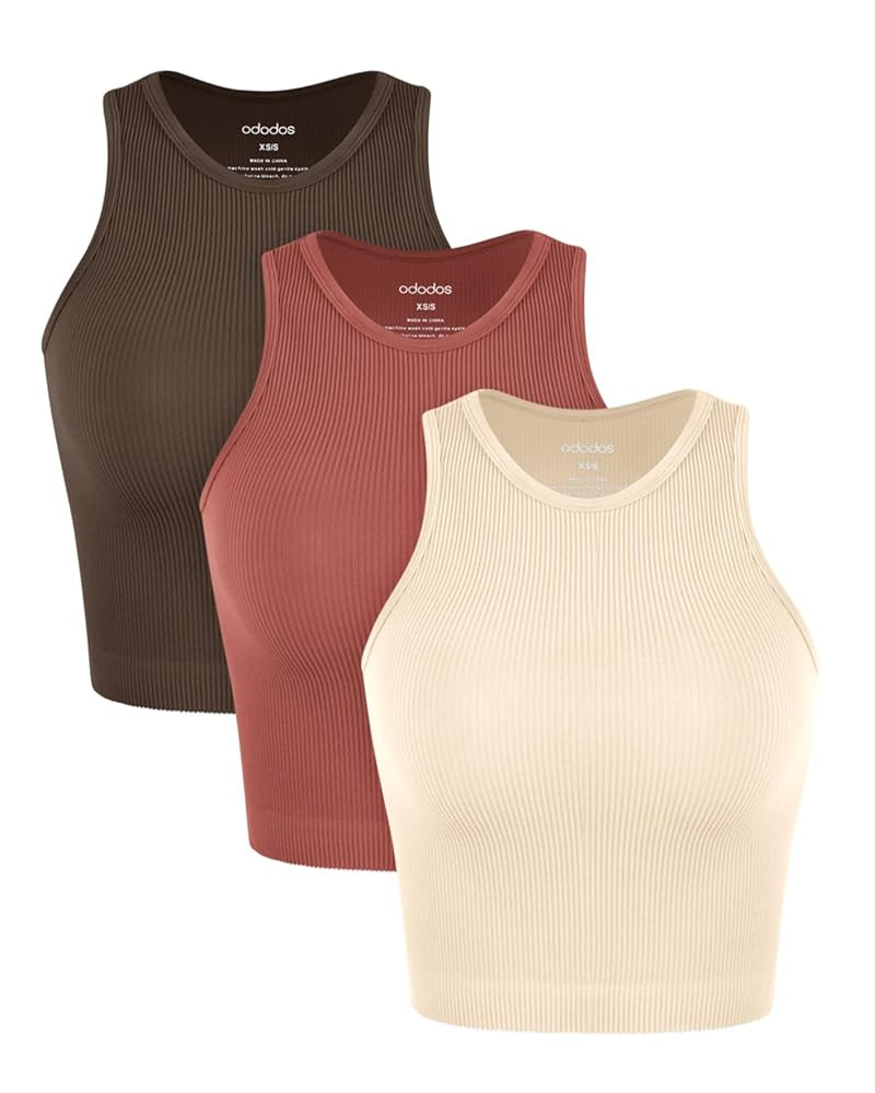ODODOS 3-Pack Seamless Crop Tank for Women Ribbed Soft High Neck Cropped Tops | Amazon (US)