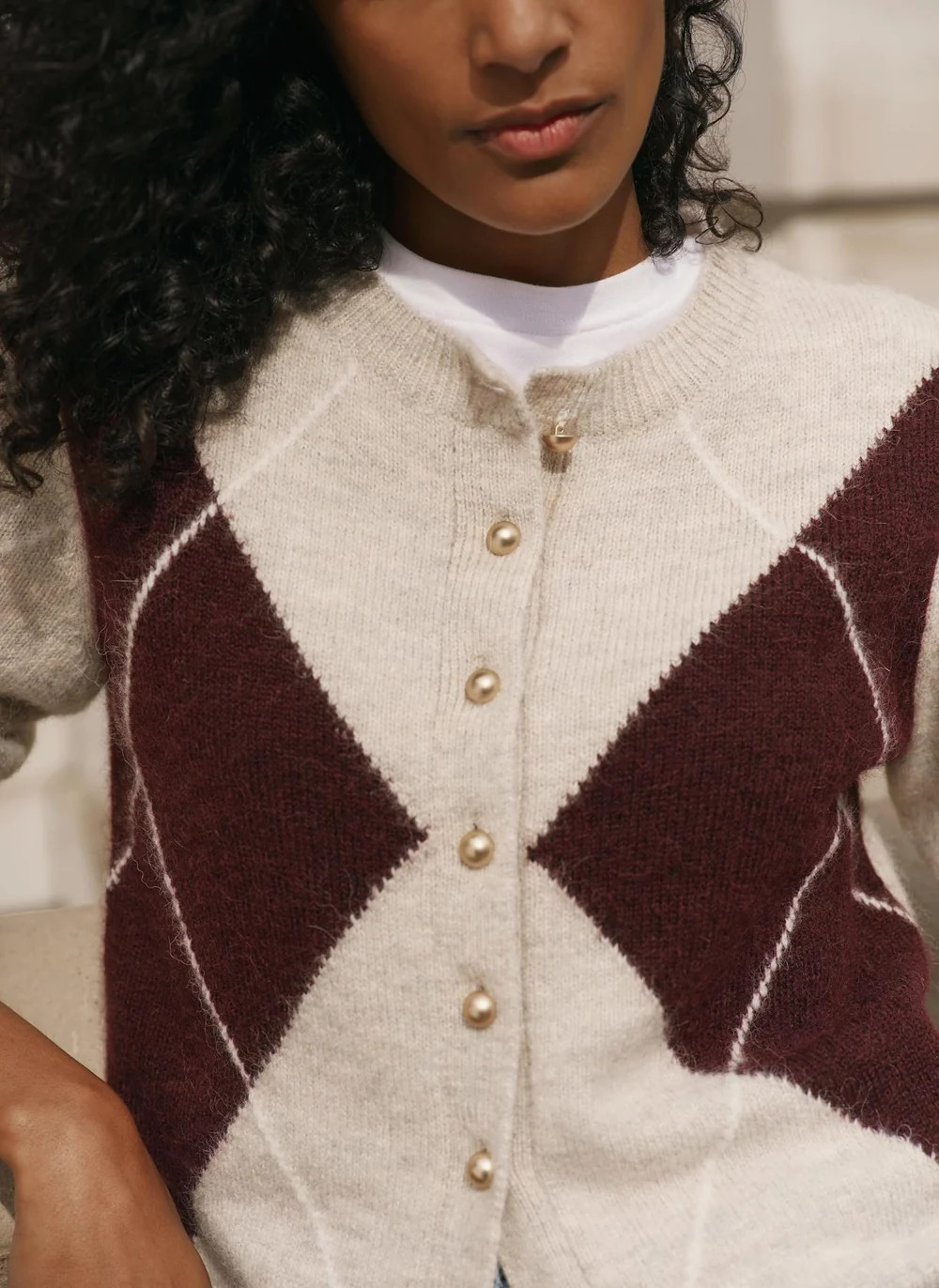 Neutral Wool Blend Argyle Cardigan | Mint Velvet - US