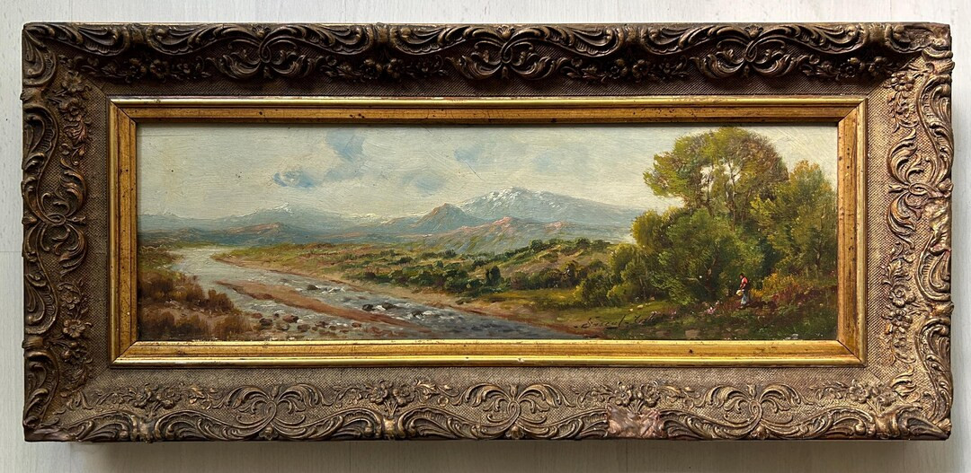 Mountains Landscape Scenariy Riverscape Trees Nature Sky Forest, Signed Original Antique Oil Pain... | Etsy (US)