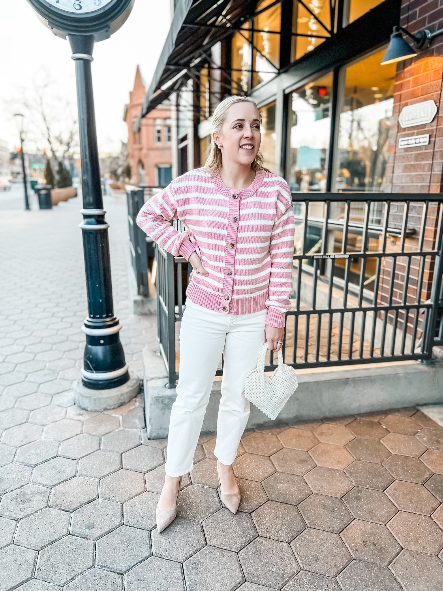 Valentine’s Day outfit! Size down in this pink cardigan and petite jeans fit TTS + 40% off. Valentine’s Day. Date night. Petite. Petite outfit. Pink sweater. Petite jeans. 

#LTKsalealert