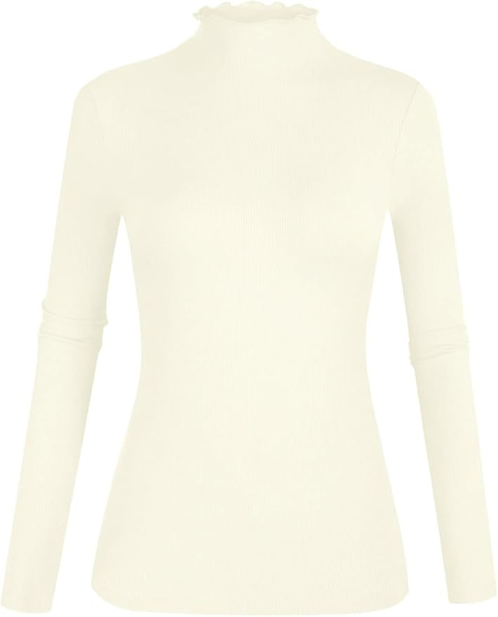 POPZONE Women's Lettuce Trim Mock Neck Long Sleeve Slim Fit Ribbed Knit Tee Shirt Tops | Amazon (US)