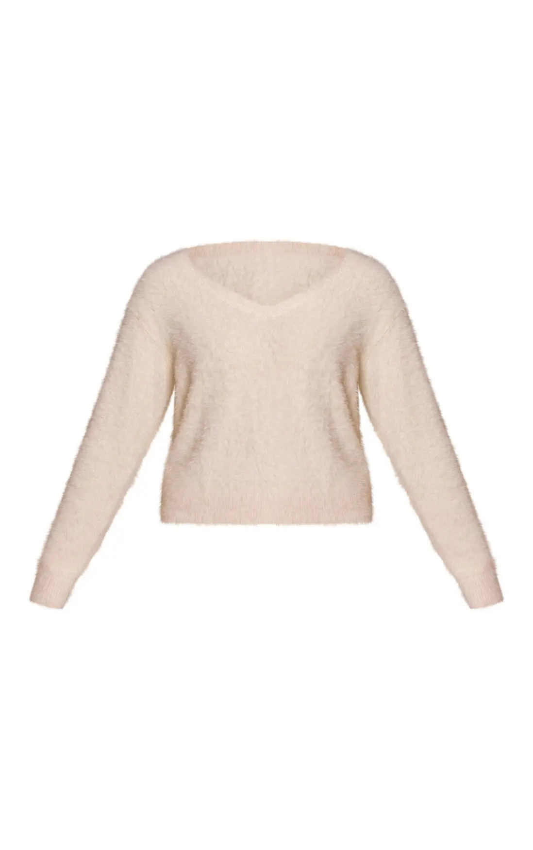 Co-ords | White Fluffy V Neck Knitted Oversized Jumper | PrettyLittleThing | PrettyLittleThing US