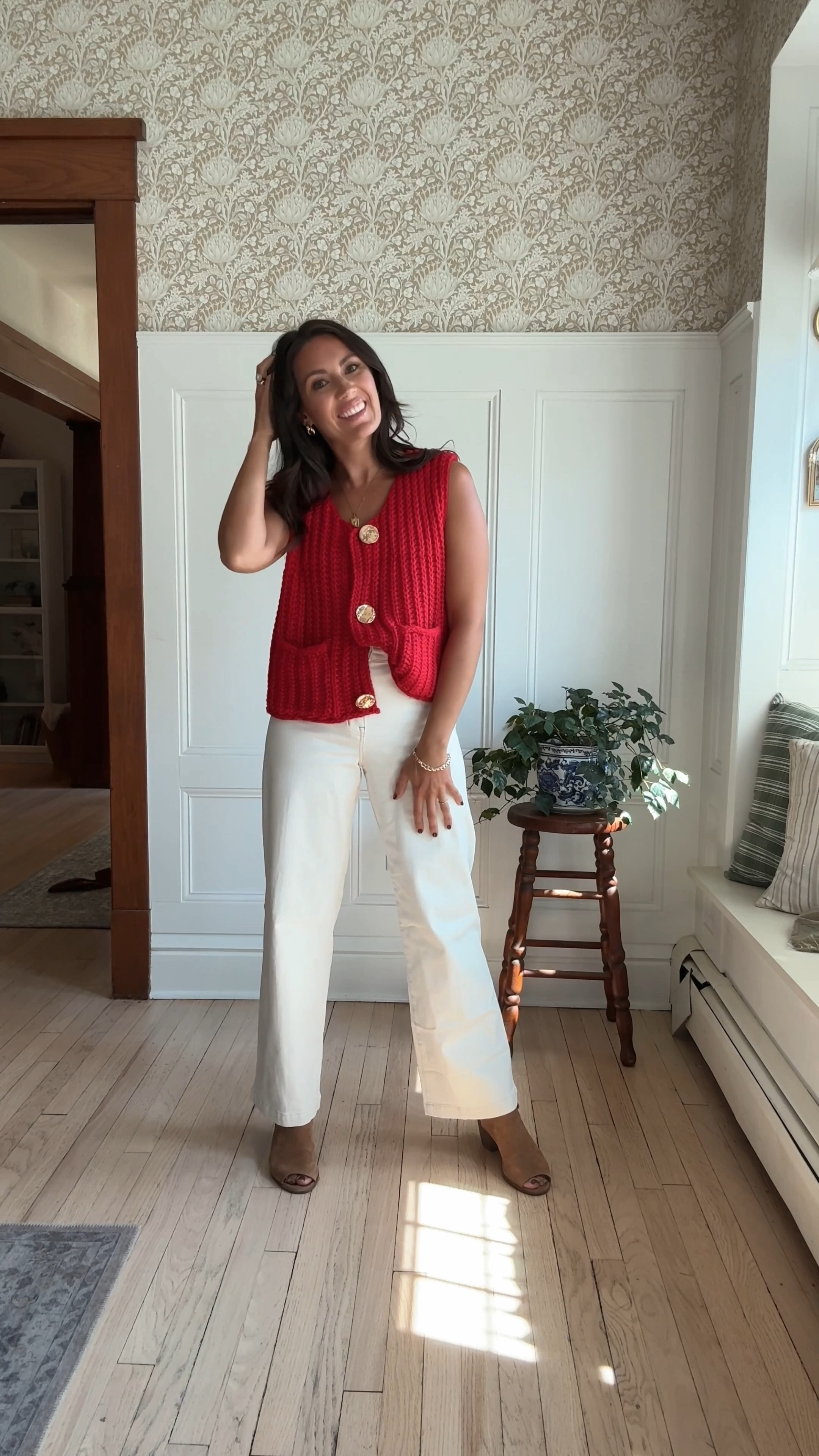 Perfect summer to fall transitional outfit featuring capsule inspired variations using Madewell white jeans and a handful of favorite items including basics, vests, pops of red and my favorite gold jewelry accessories! Outfit of the day, daily fit, fit check, transitional outfit, clothing inspiration 

#LTKBeauty #LTKStyleTip