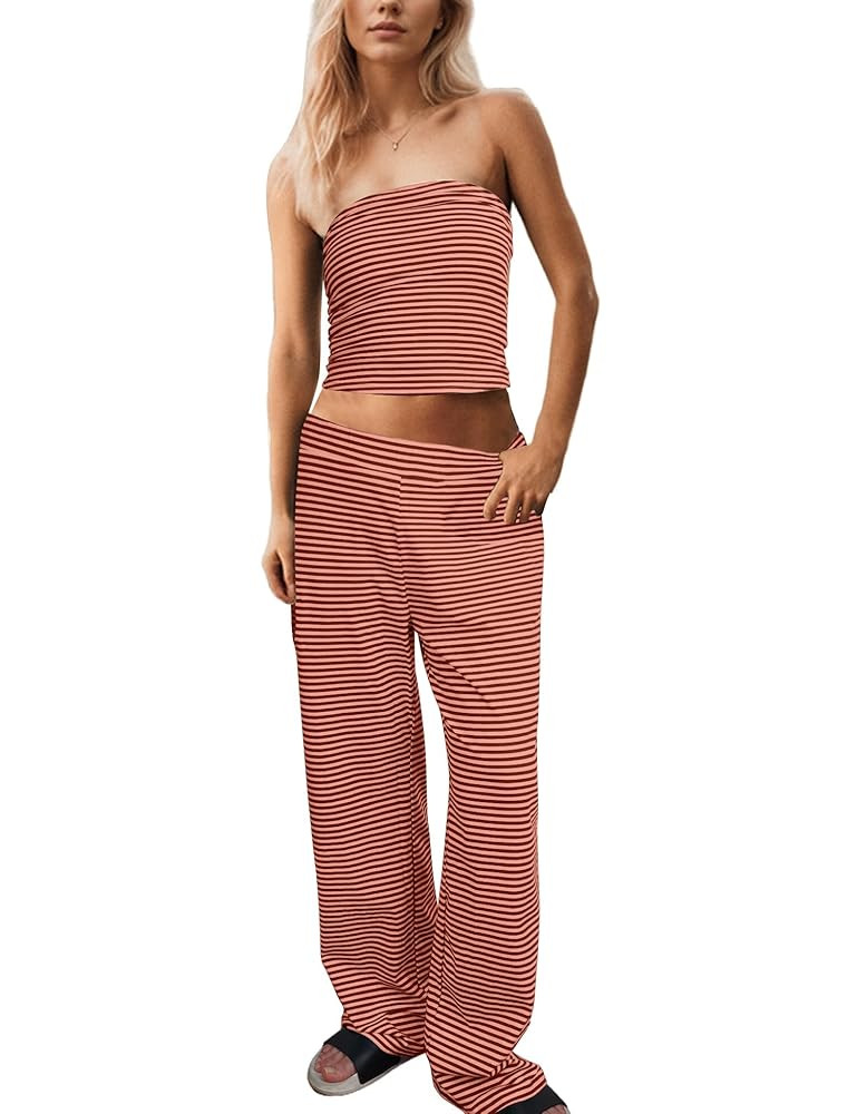 Women Sailor Tube Top Set 2 Piece Outfits Striped Strapless Bandeau Low Waist Wide-Leg Pants Loun... | Amazon (US)