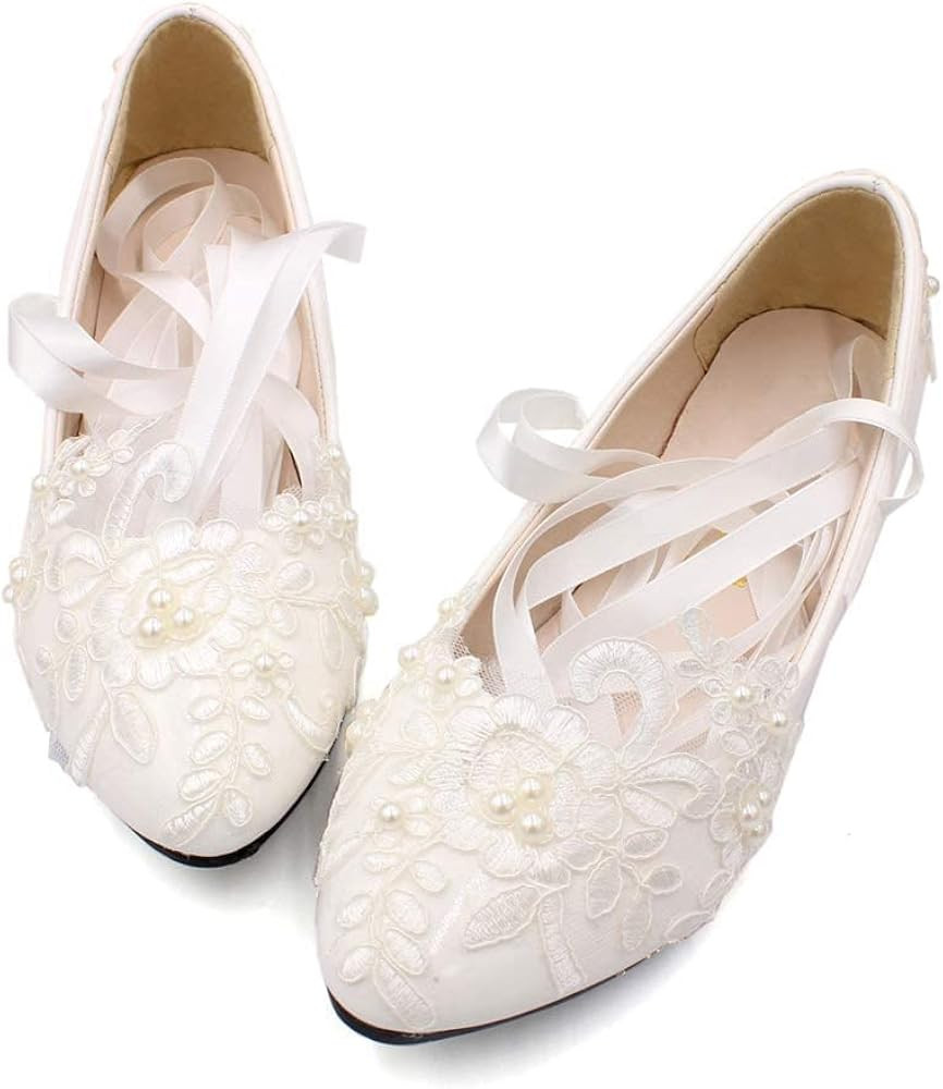 Dress First Women’s Strap Wedding Flat Bridal Closed Toe Shoes Low Heel Flats with Pearl | Amazon (US)