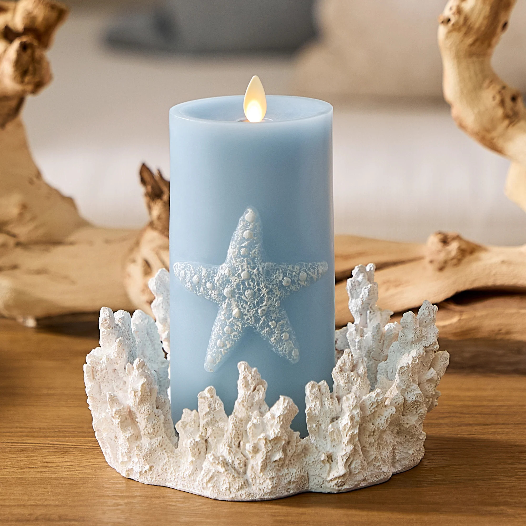 Soft Chambray Embossed Starfish Flameless Candle Pillar | Luminara
