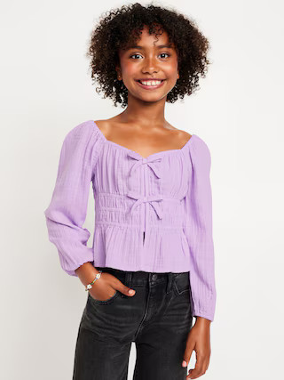 Long-Sleeve Double-Weave Bow Top for Girls | Old Navy (US)