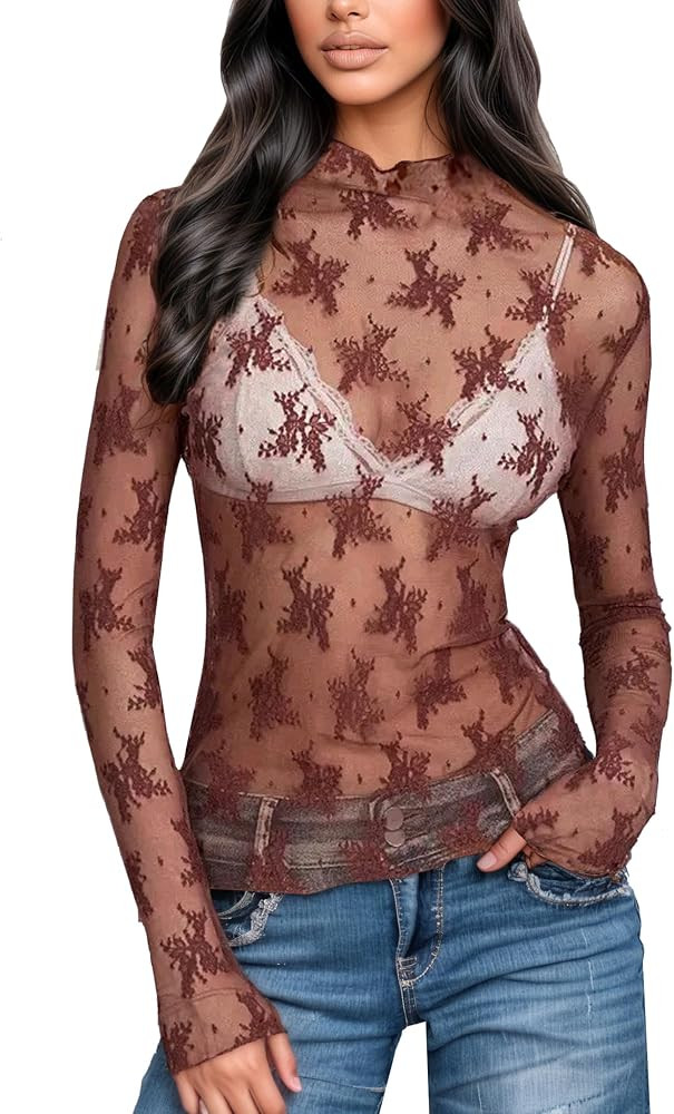 Lace Tops for Women See Through Lace Undershirt Mesh Long Sleeve Blouse Mock Neck Sheer Tops | Amazon (US)