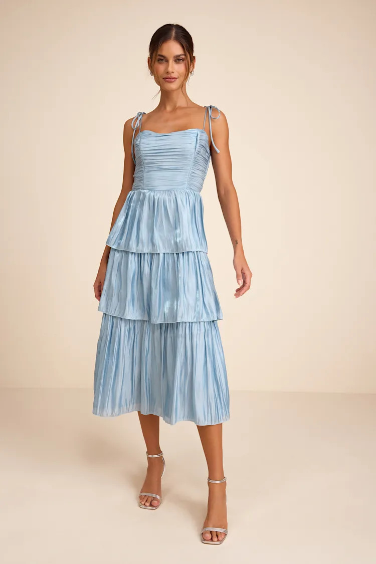 Tennon Dusty Blue Plisse Tiered Midi Dress | Lulus