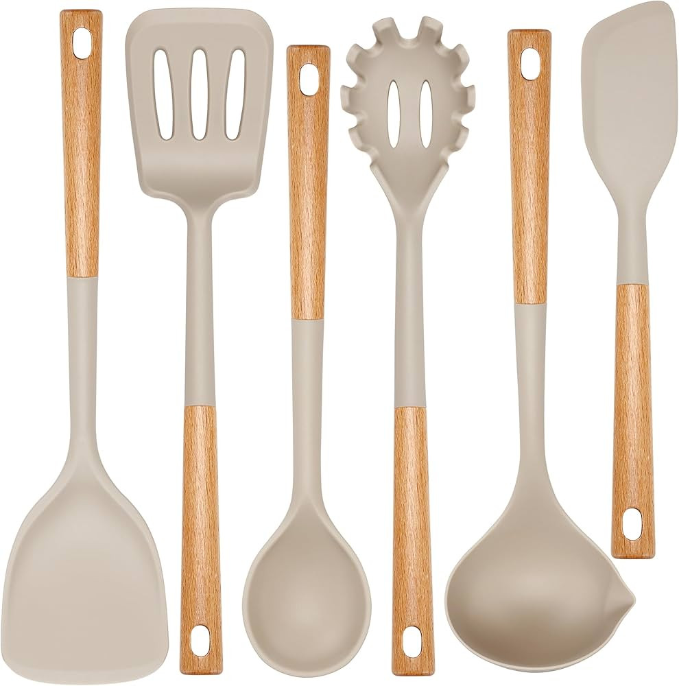 NCUE Kitchen Utensils Set, Large Non-stick Silicone Cooking Utensils Set 6 Pcs, Wooden Handle Hea... | Amazon (US)