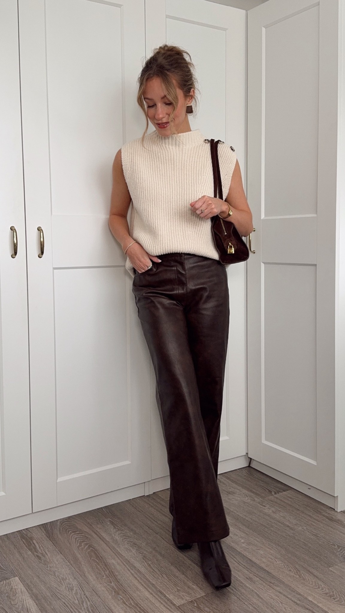Autumn outfits uk, cream knit vest, brown faux leather trousers, suede shoulder bag, brown ankle boots 

#LTKautumn #LTKstyletip #LTKuk