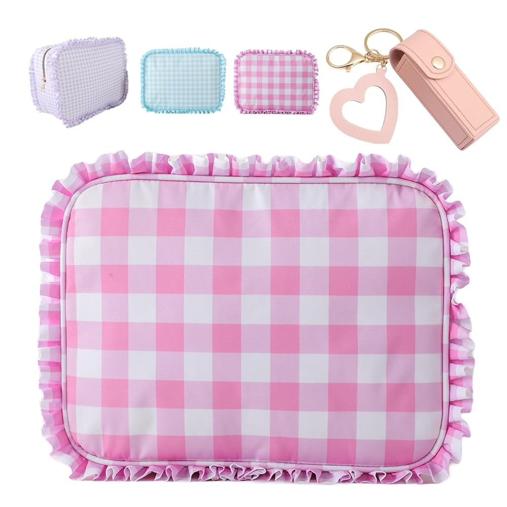 Ruffle Pouch Bag,Gingham Ruffle Makeup Bags with Lip Oil Keychain,Checkered Toiletry Purse,Cosmet... | Amazon (US)