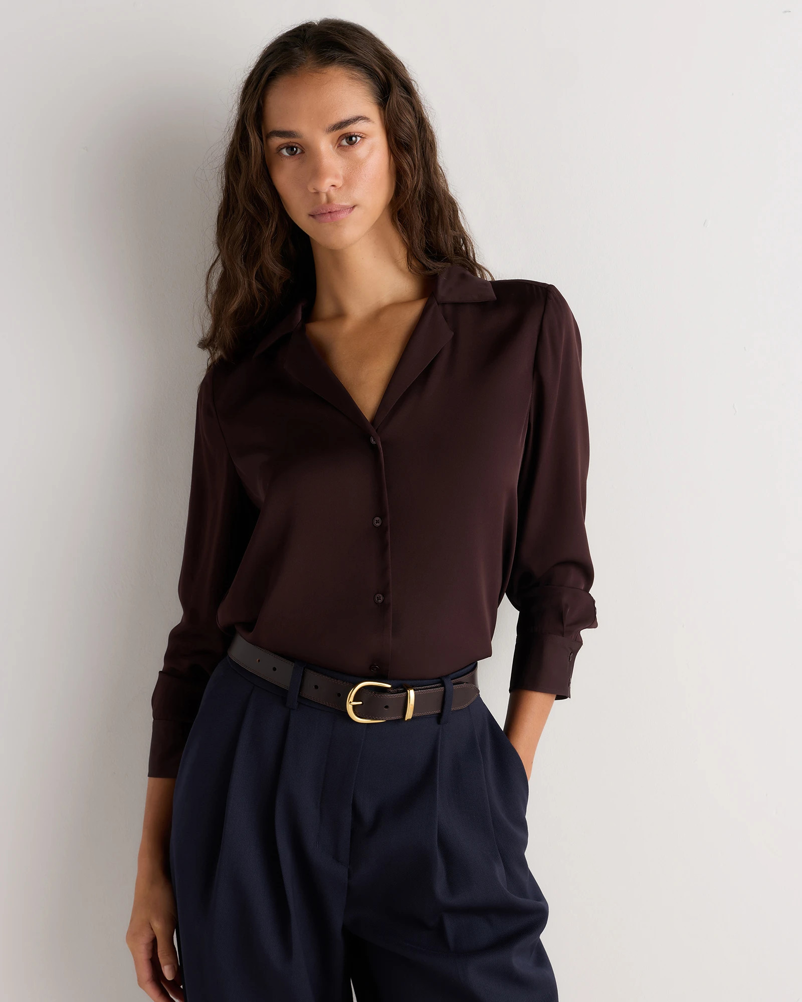 Quince | Women's 100% Washable Silk Stretch Notch Collar Blouse in Black, Size Large | Quince