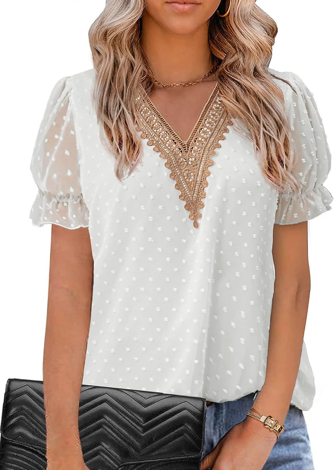 Zeagoo Womens V Neck Puff Short Sleeve Tops Swiss Dots Chiffon Lace Neckline Shirts Blouses S-XXL | Amazon (US)