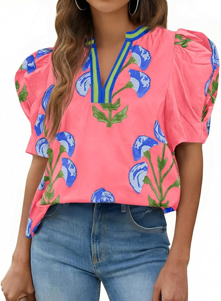 Cicy Bell Womens Summer Puff Sleeve Blouses Casual Dressy V Neck Color Block Tops Loose Fit Boho ... | Amazon (US)