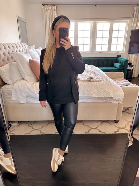 Holiday causal outfit 
Black sweatshirt from men’s dept — size med
Faux leather leggings tts 
Sneakers sized up a 1/2
Black gold button blazer in the SM, fit is relaxed. Have in multiple colors, my go to blazer 

Walmart fashion 

#LTKHoliday #LTKSeasonal #LTKstyletip