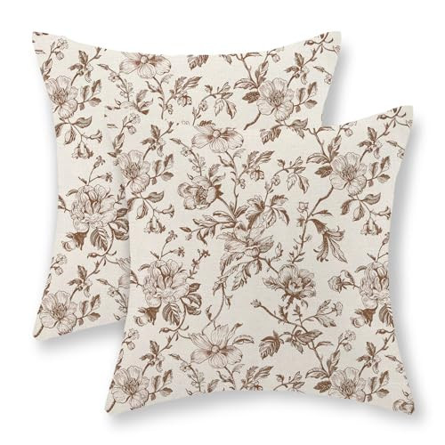 JEFERSO Brown Pillow Covers 22x22 Set of 2 Brown and Cream Chinoiserie Floral Decorative Throw Pillows Vintage Rustic Toile Flower Pillow Cases Outdoor Decor Linen Cushion Covers for Couch Sofa | Amazon (US)