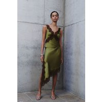 Amber Satin And Lace Midi Skirt / Olive | MESHKI | L | MESHKI US