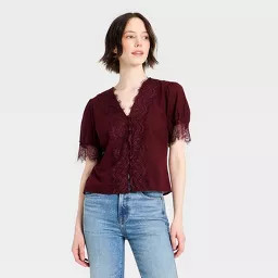 Women's Balloon Short Sleeve Lace V-Neck Blouse - Universal Thread\u2122 Burgundy S | Target