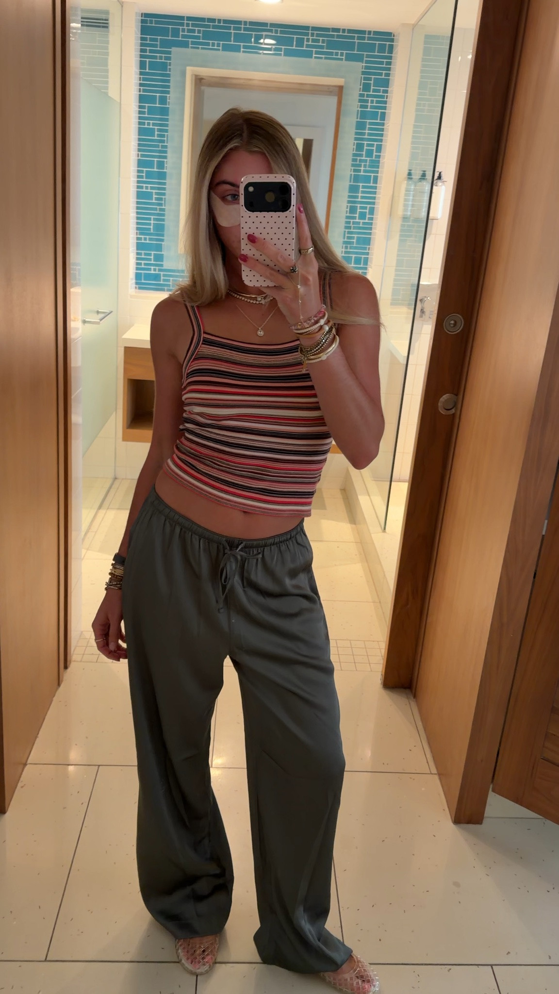 My airport outfit to travel home! My pants size xs @abercrombie  the satin wide leg pants. My tank is @Pistola Denim  the Frankie knit tank it’s a missoni look for less. My necklaces are all @electricpicks  and my favorite jelly shoes from Tory Burch.

#LTKootd #LTKTravel #LTKdayinmylife