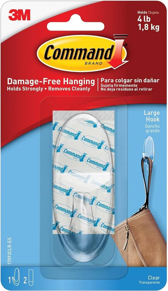 3M Command 17093CLRES Adhesive Hanging Hook, Large, Holds 4lbs., Clear | Amazon (US)