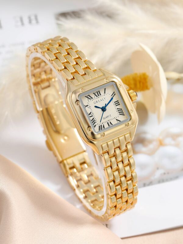 1pc Women Gold Zinc Alloy Strap Elegant Square Dial Quartz Watch & 1pc Adjuster, For Daily Decora... | SHEIN