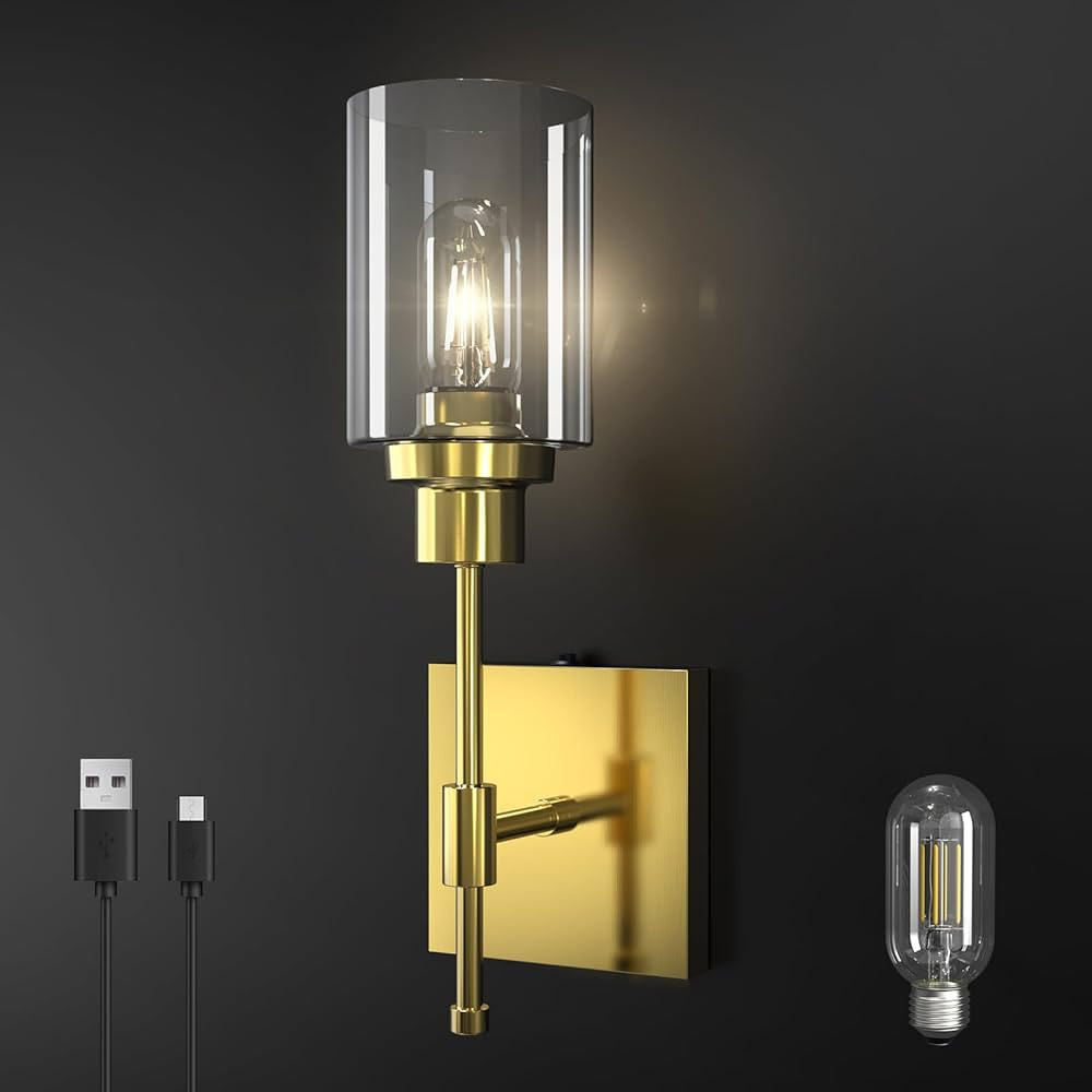 C02 Battery Operated Wall Sconce 1pc, No Wired Rechargeable Wall Lamp with Clear Glass Shade Easy... | Amazon (US)