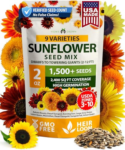HOME GROWN Sunflower Seeds Mix Pack 1,500+ 9 Colorful Varieties of Sun Flower Seeds to Plant - 2-10ft Tall Plants, Pollinator Friendly, Easy to Grow, High Germination | Amazon (US)