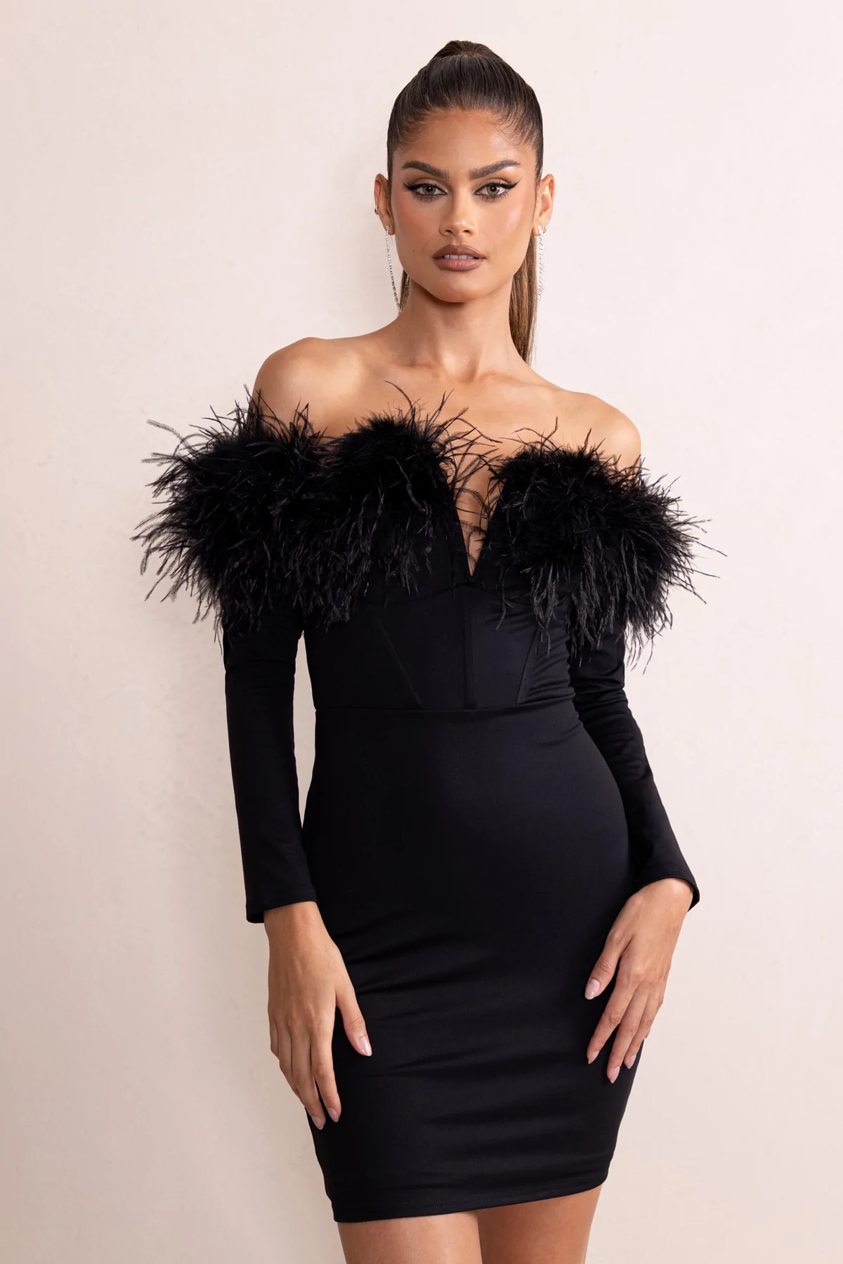 Celia | Black Plunge Neck Bardot Mini Dress With Feather Trim Detail | Club L London