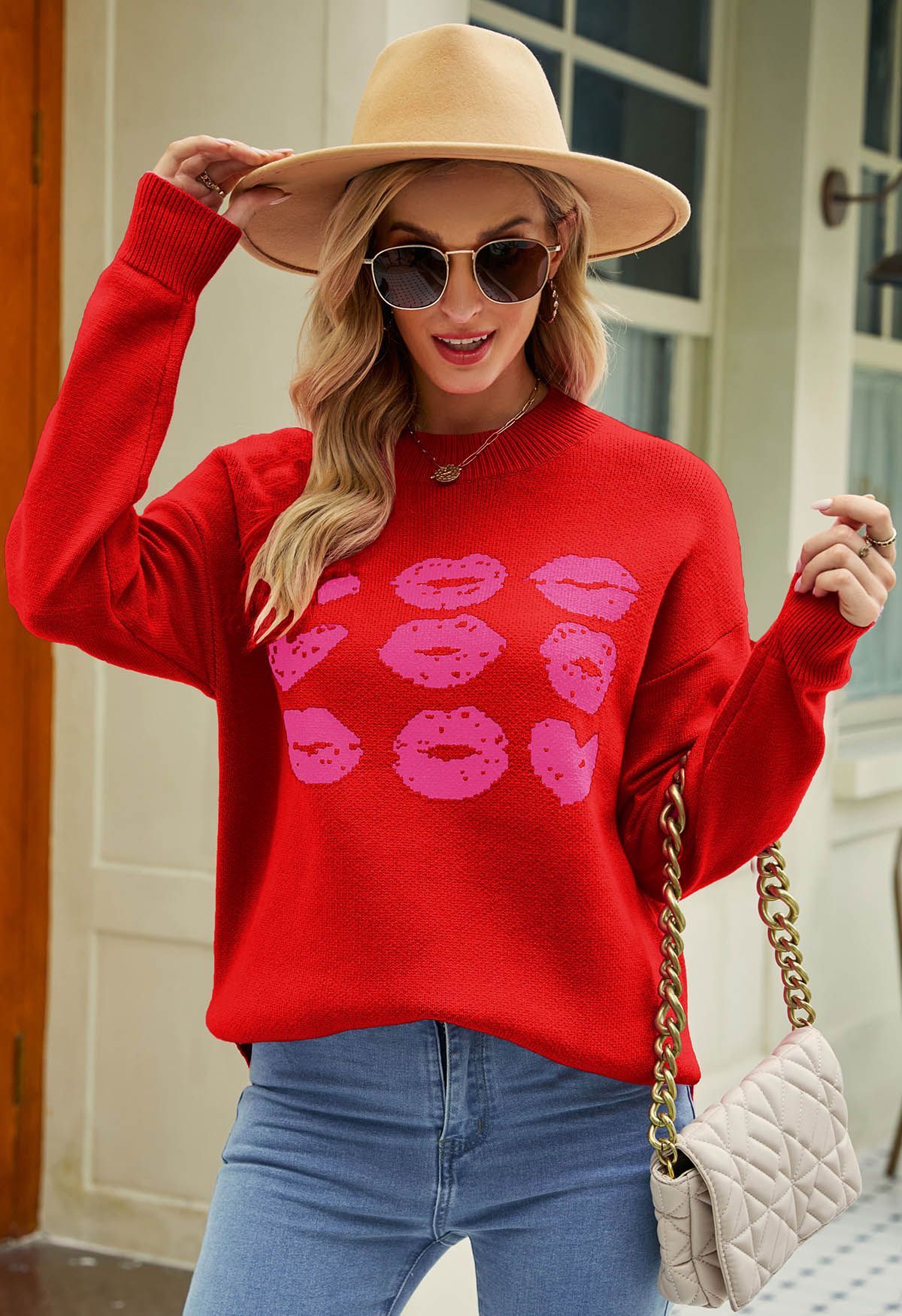 Red Lips Pattern Knit Sweater in Red | Chicwish